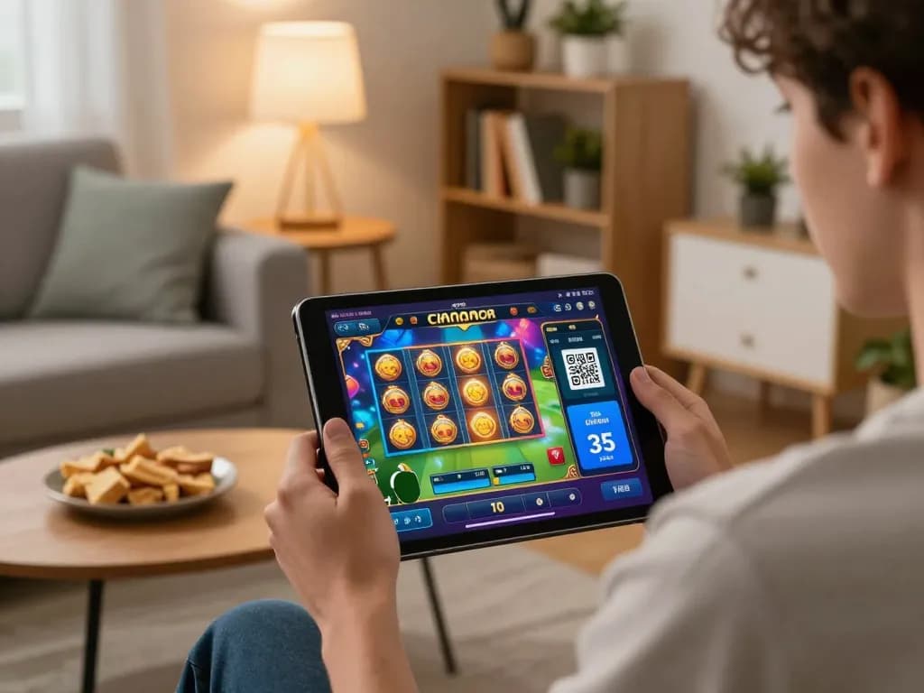 Enjoying oli4d alternatif slot games on a tablet in a cozy living room atmosphere.