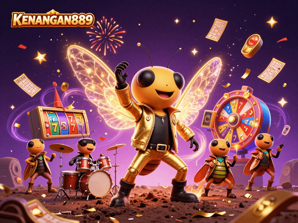 Experience KENANGAN889 slots with vibrant colors, starry backgrounds, and dynamic casino elements.