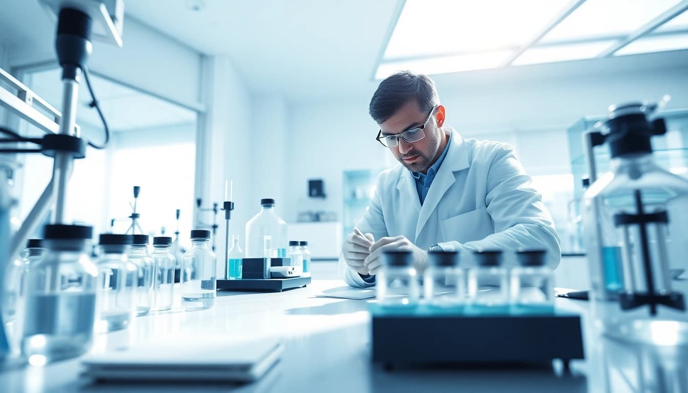 Detailed laboratory scene on WIN55 synthetic cannabinoid research, showing vials and equipment.