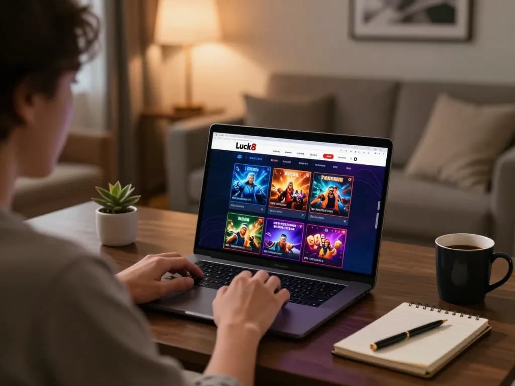 Luck8 user enjoying an online casino game on a stylish laptop in a cozy setting