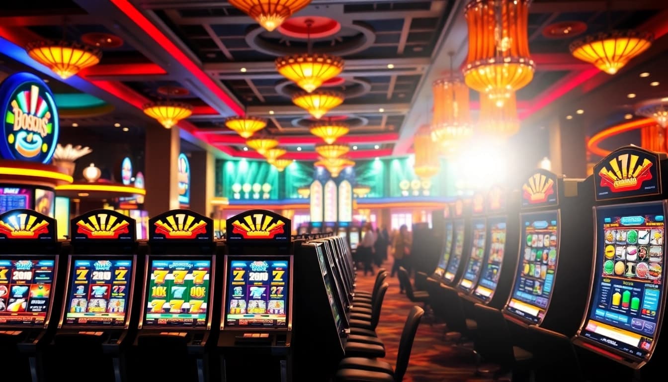 Bermain slot777 di mesin perjudian dengan tampilan yang berwarna-warni dan suasana kasino yang meriah.