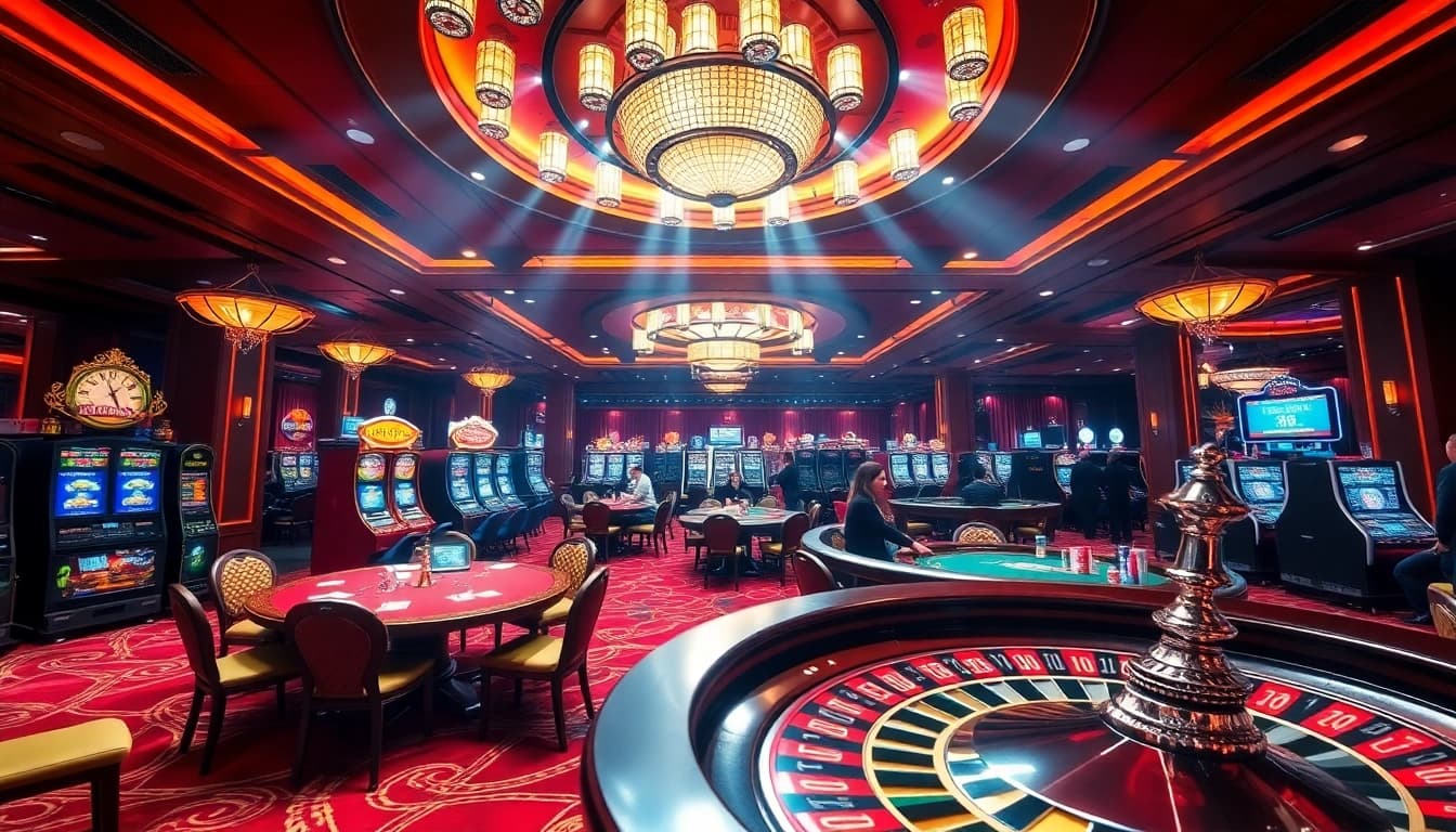 A dynamic casino scene at jun88.com with excited players at poker tables and vibrant slot machines.