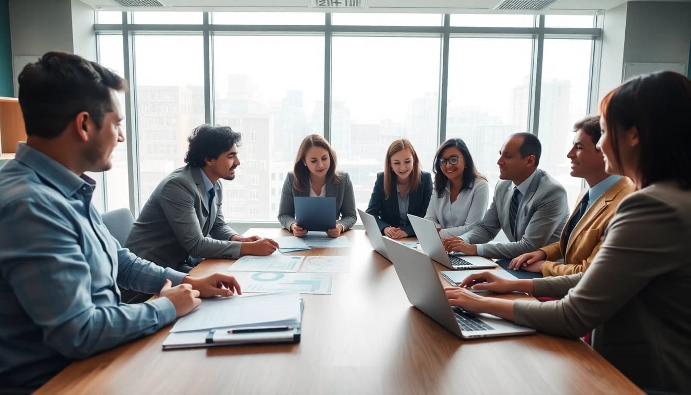 Engaged professionals discussing Federal and State contracts in a bright office setting.