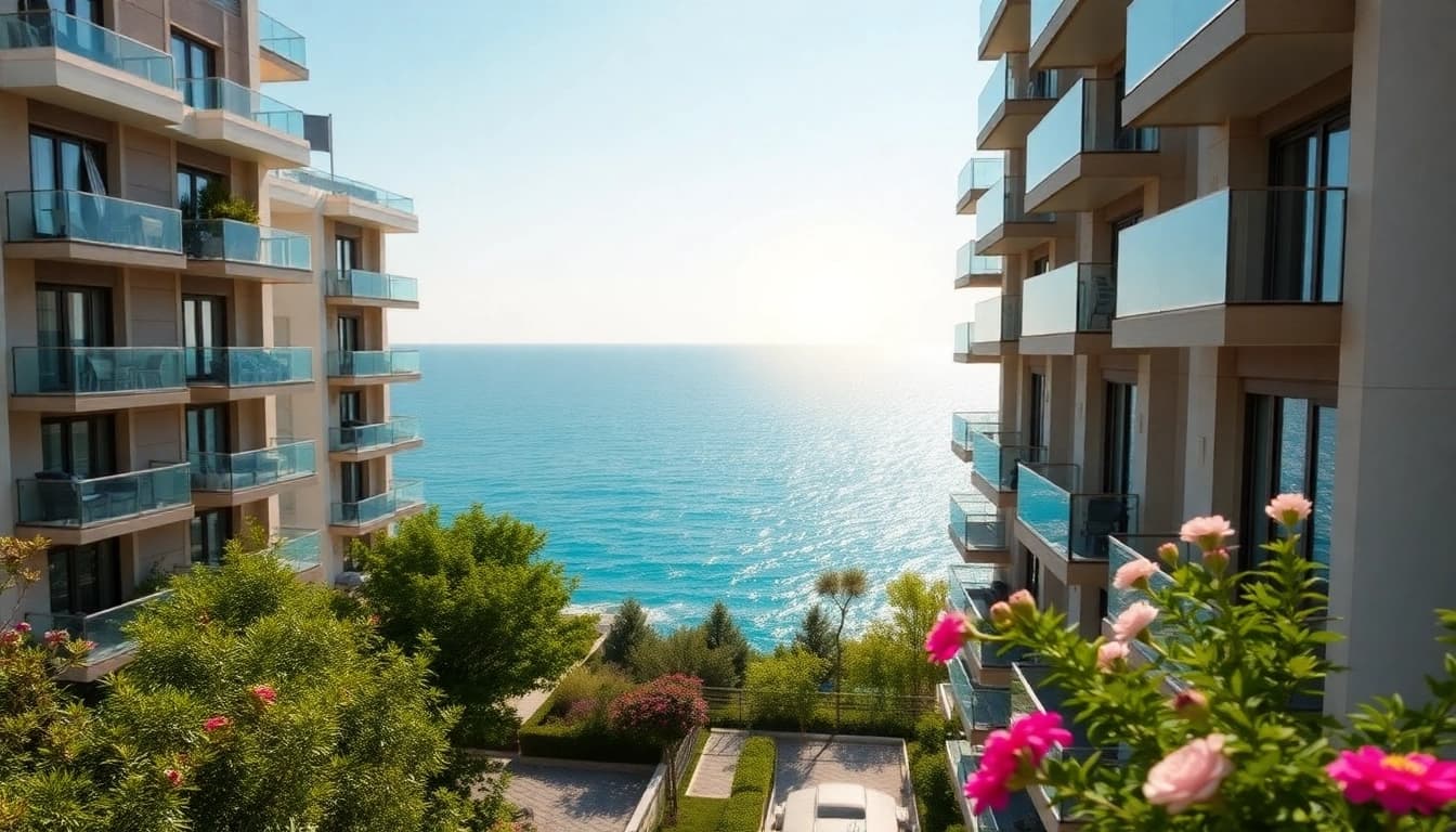 A modern view of apartments for sale in Alanya, Turkey, highlighting Mediterranean coastal scenery.