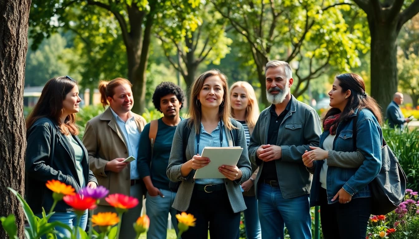 Engaging discussion on sustainability at https://www.unsustainablemagazine.com with diverse activists in a park setting.