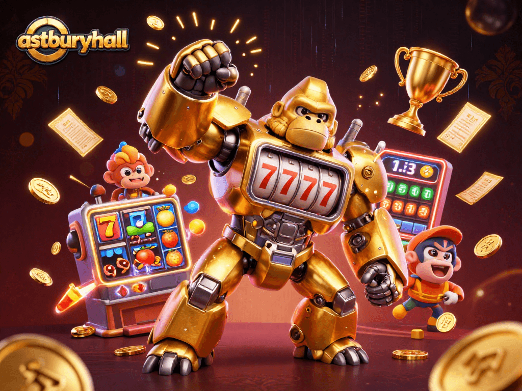 Play exciting slots at astburyhall with a golden gorilla mech and dynamic casino elements