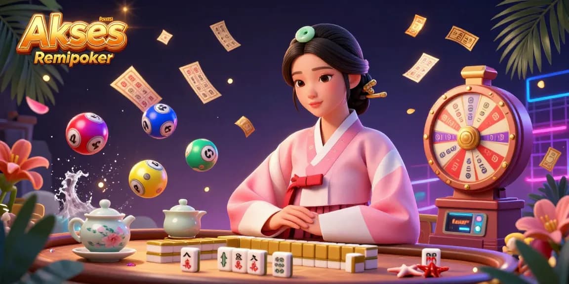 Akses Resmi Poker Online Remipoker visually appeals with a stunning 3D scene depicting an elegant Asian woman amidst vibrant gaming elements.