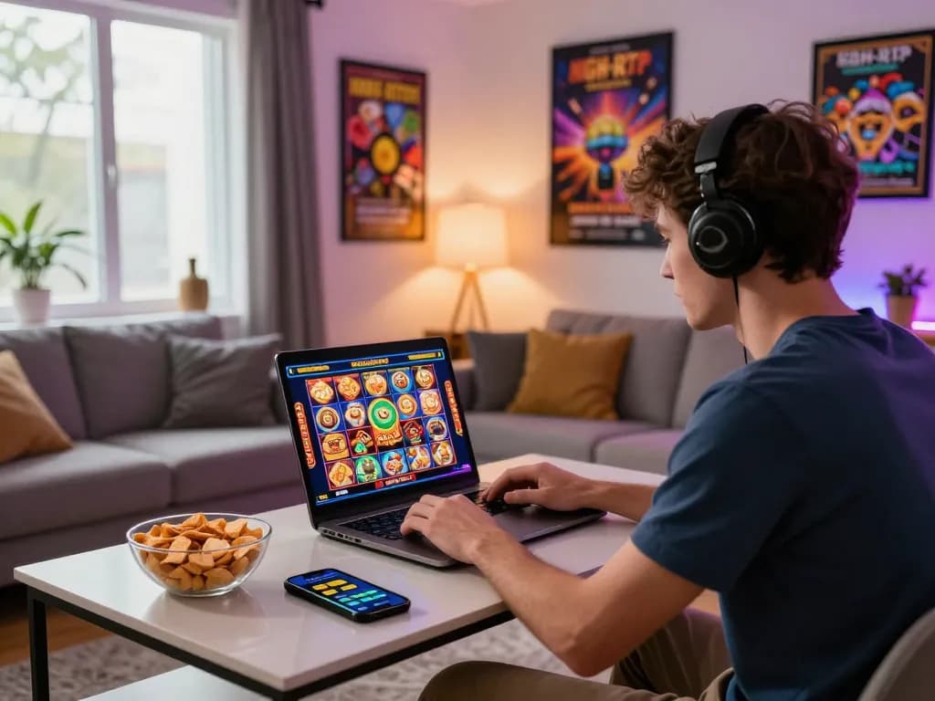 Pemandangan perjudian online yang menarik menampilkan pengaturan permainan slot situs gacor dengan dekorasi yang cerah dan keterlibatan pengguna.