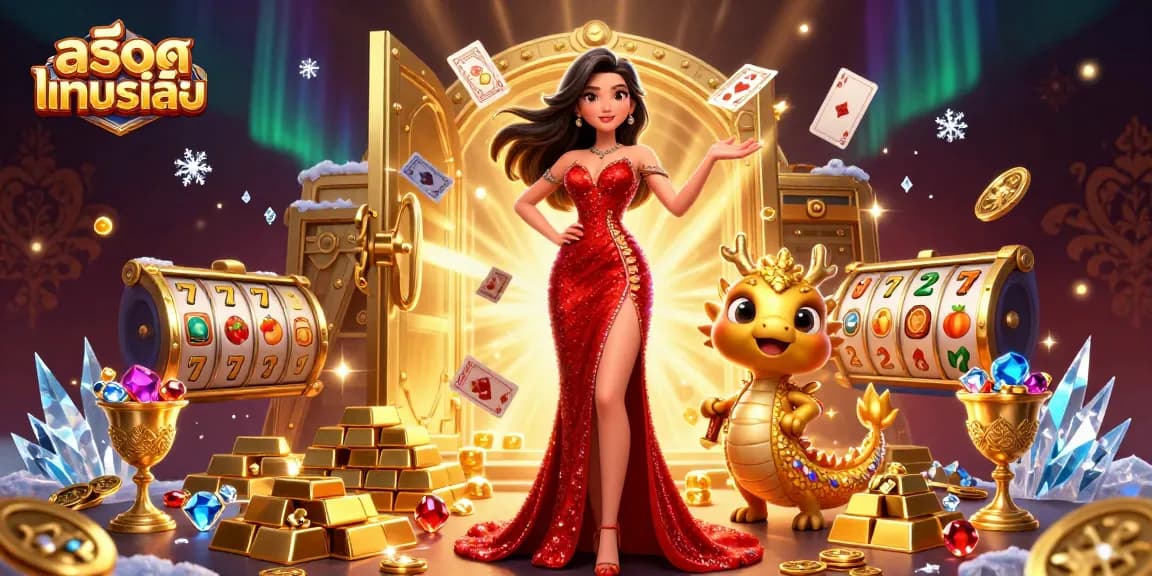 Spin the reels with สล็อตทดลองเล่น featuring a stunning Asian woman and golden dragon in a vibrant casino scene.