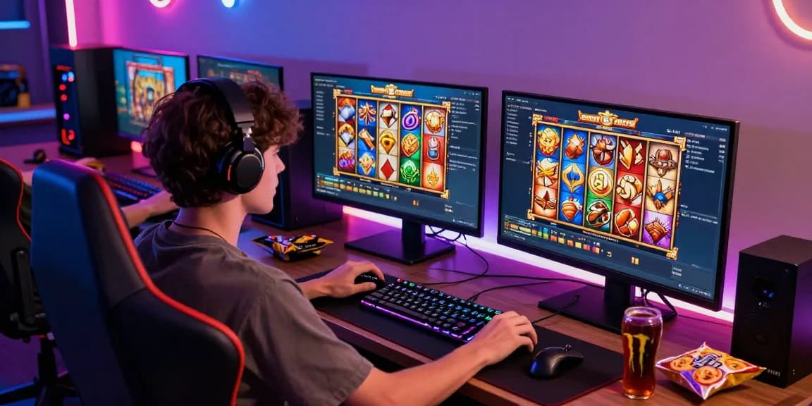 Engaged gamer playing slot online on multiple screens with vibrant LED setup.