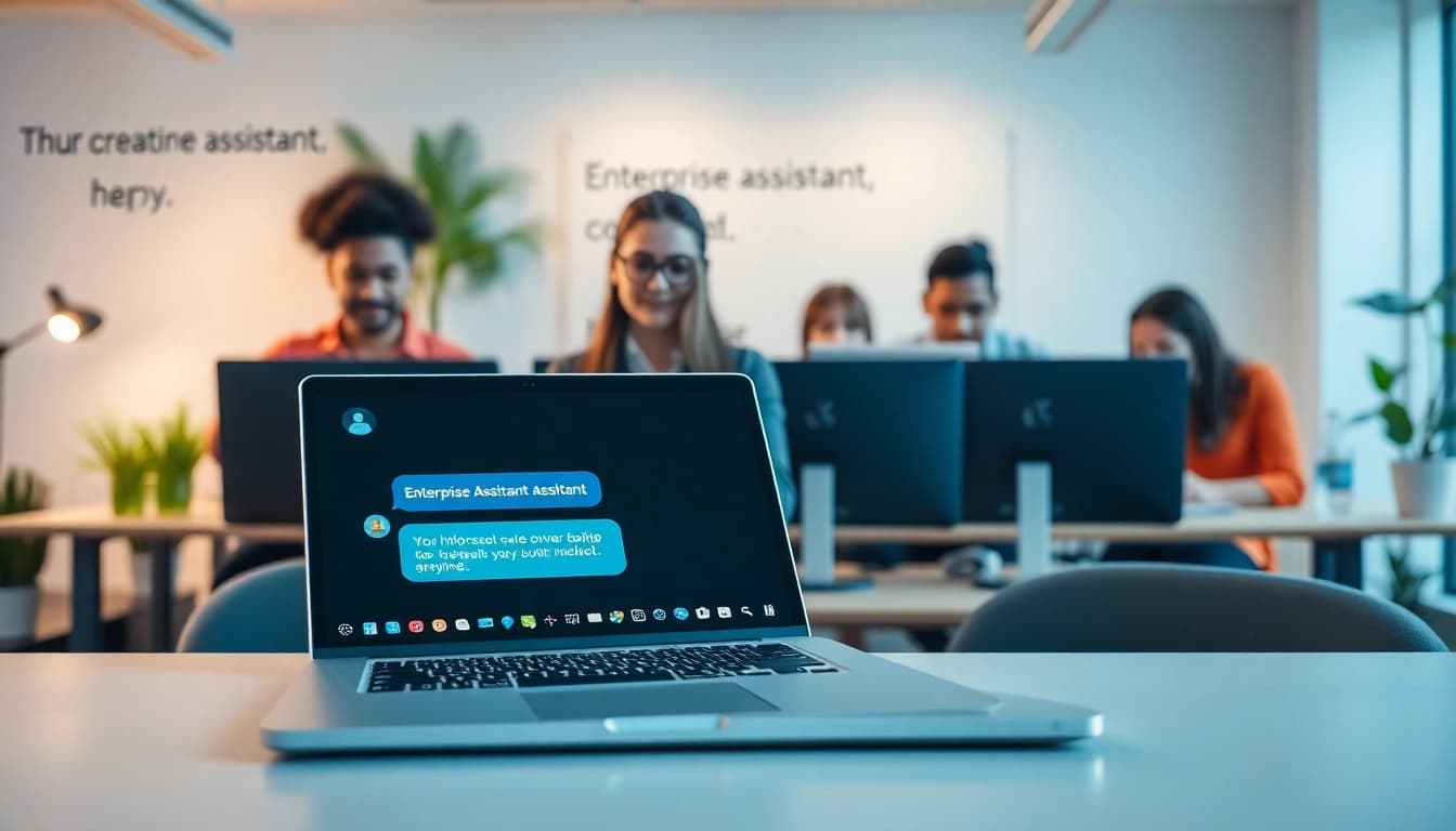 Engaged team using an enterprise assistant in a modern workspace with calming colors.