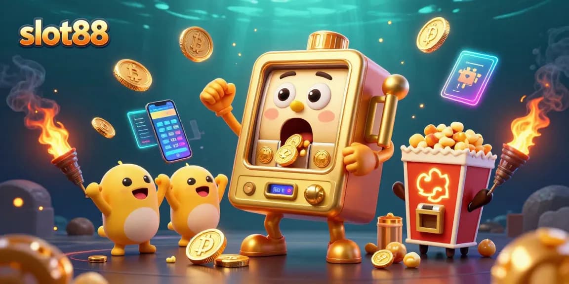 Experience the thrill of slot88 as a golden slot machine wins a jackpot, surrounded by coins and cheering machines.