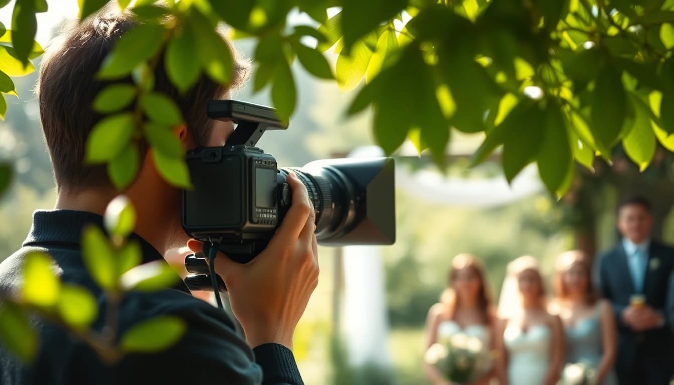 Capture the essence of On-site videography during an outdoor wedding with a professional videographer in action.