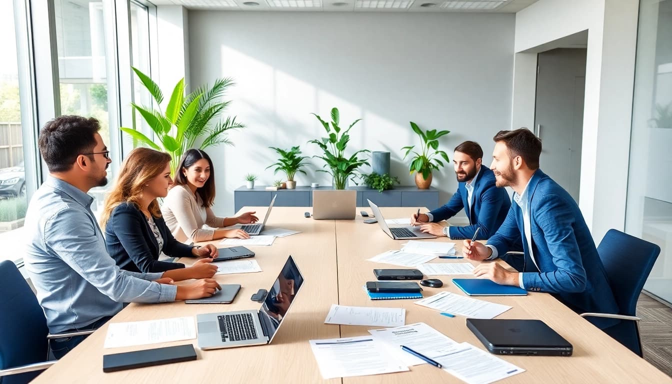 Professionals discussing contracts and grants at a conference table in a modern office.