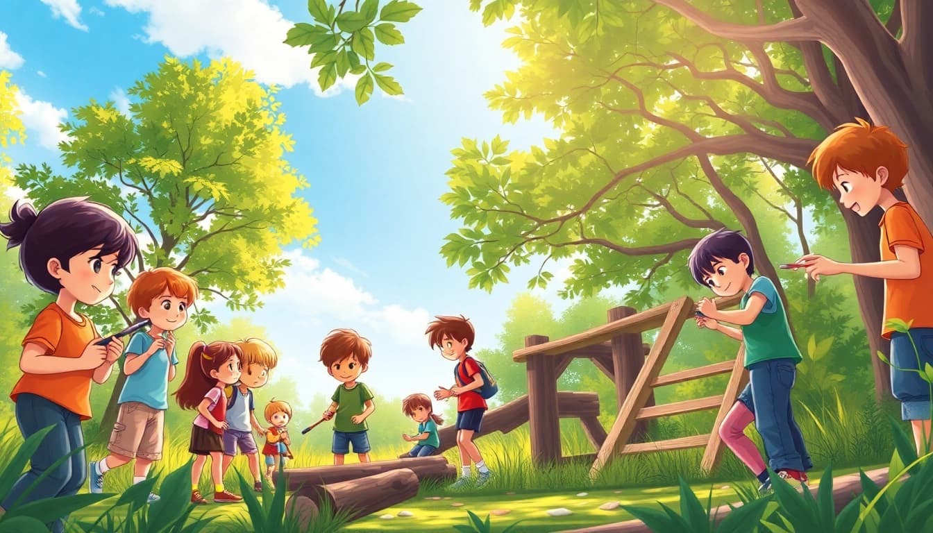 Children participating in activities at a homeschool summer camp, engaging creatively in nature.