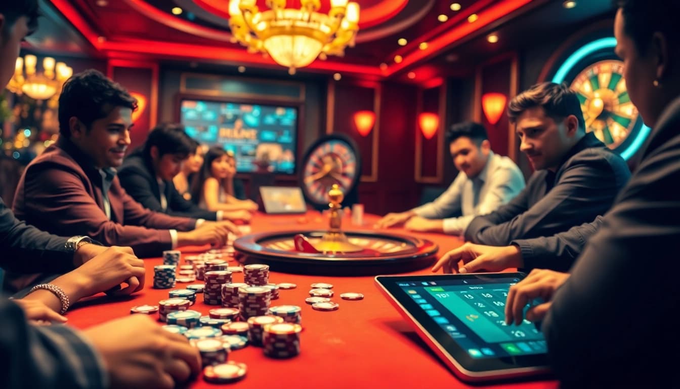 Berinteraksi dengan datukwin alternatif di meja poker mewah yang dipenuhi chip berwarna-warni dan kartu.