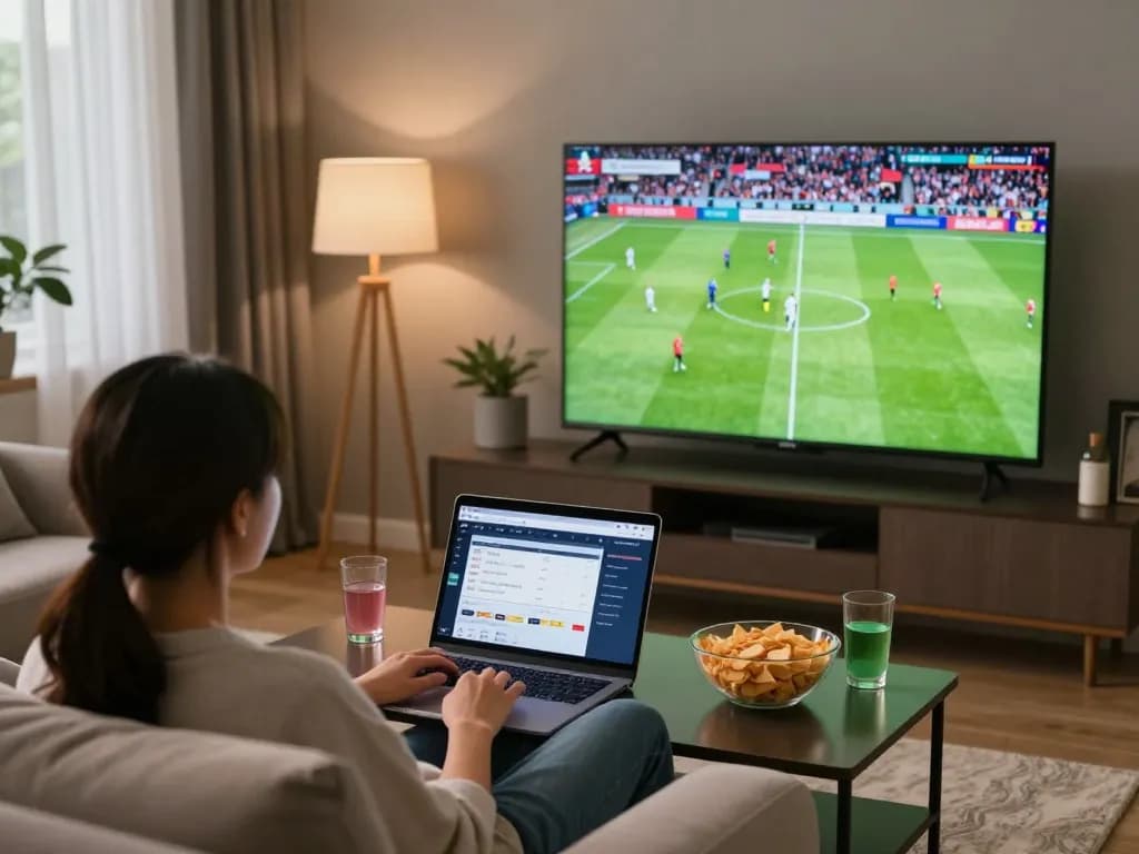 Engaging footbal stream Cakhiatv scene featuring a fan watching a live match at home with a laptop showing betting.
