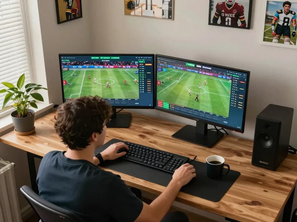 Engaged player using 123b online sports betting platform, dual-screen setup shows live sports events and betting odds
