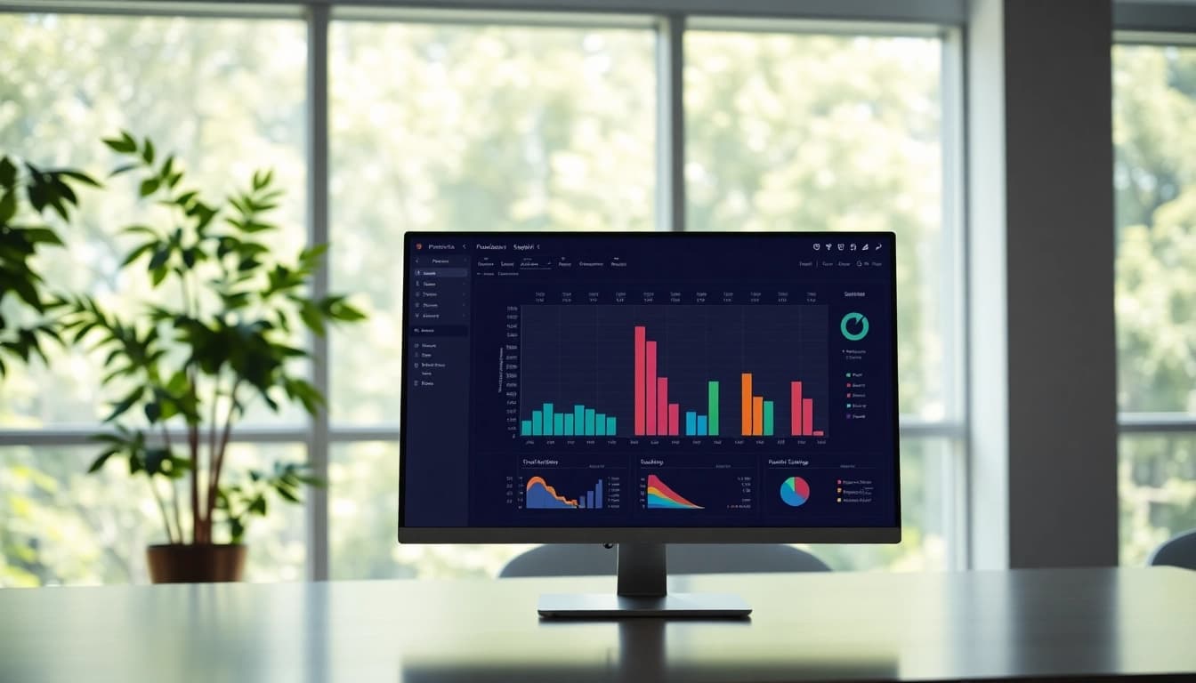 Visual interface of manufacturing scheduling software enhancing production efficiency in a bright office.