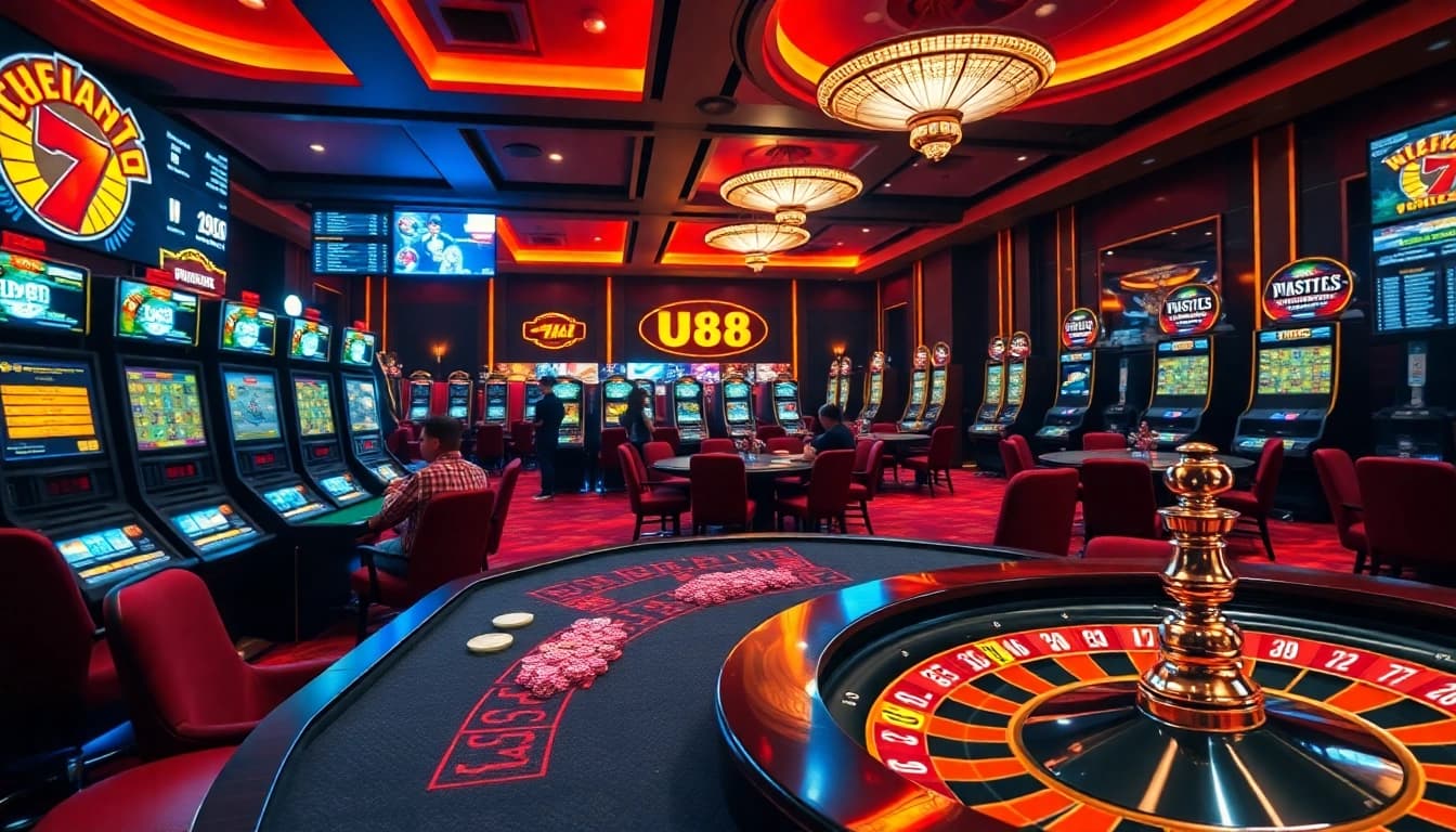 Experience thrilling gameplay at UU88's luxurious online casino with poker tables and colorful slot machines.