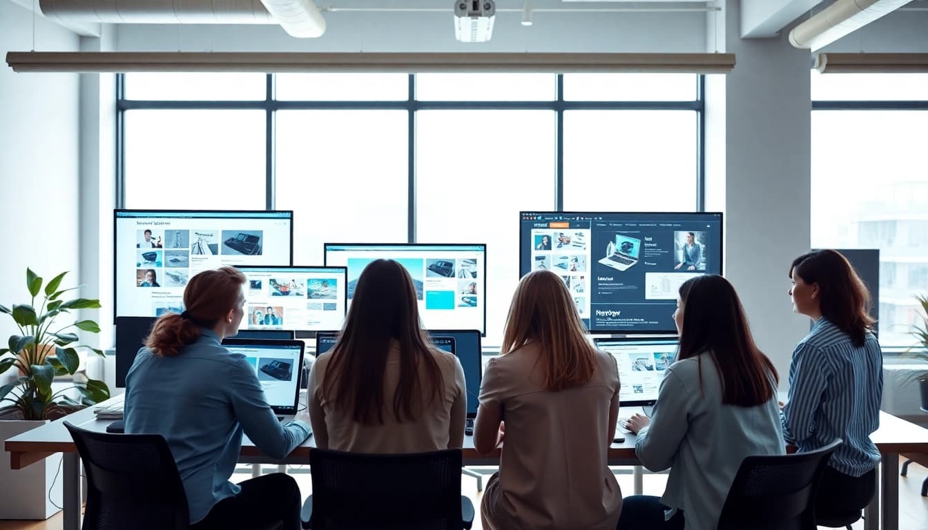 Illustration of web design Edmonton team collaborating in a bright modern workspace.