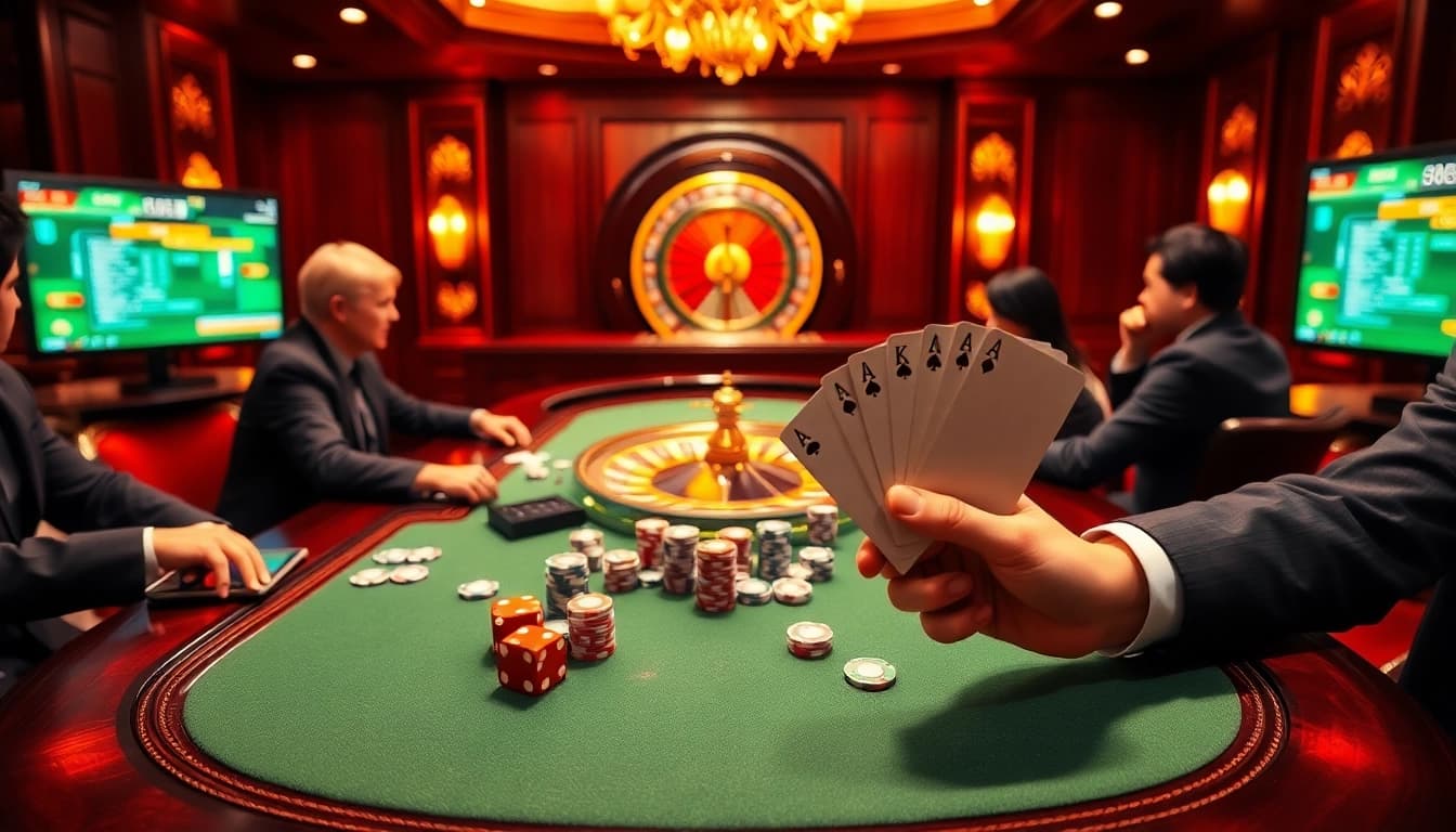 Players engaging in poker with hidden wiki links displayed on digital screens in an elegant casino setting.