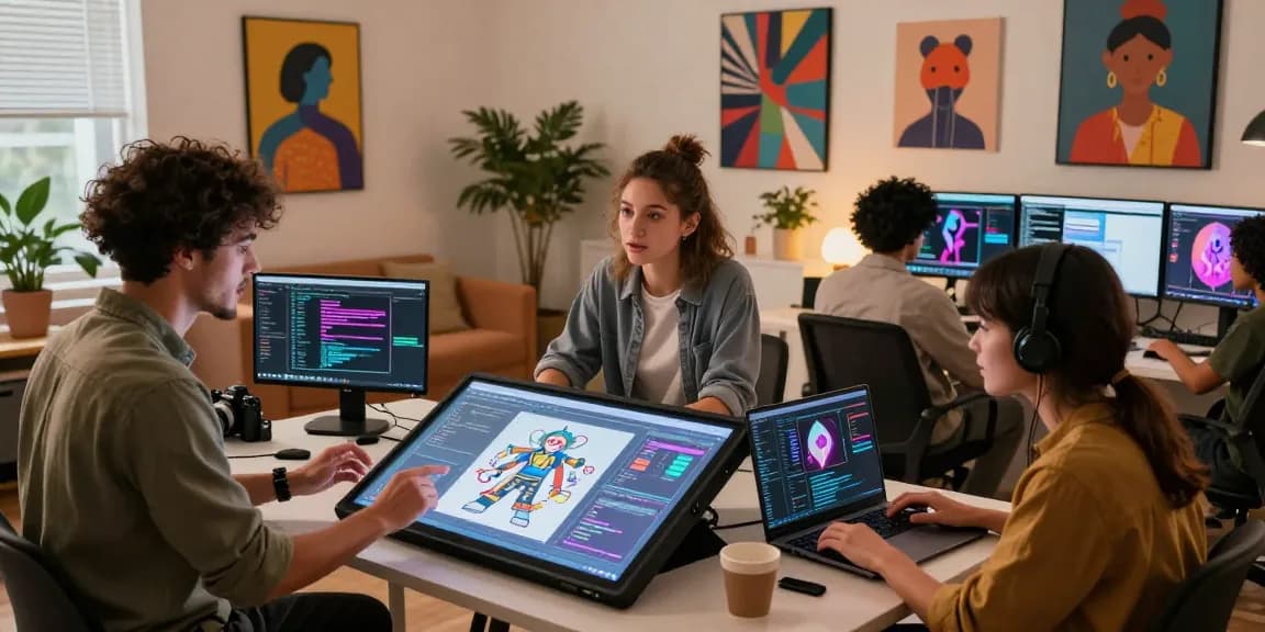 Creative studio scene showcasing the intersection of art and AI porn content creation, with diverse artists collaborating.