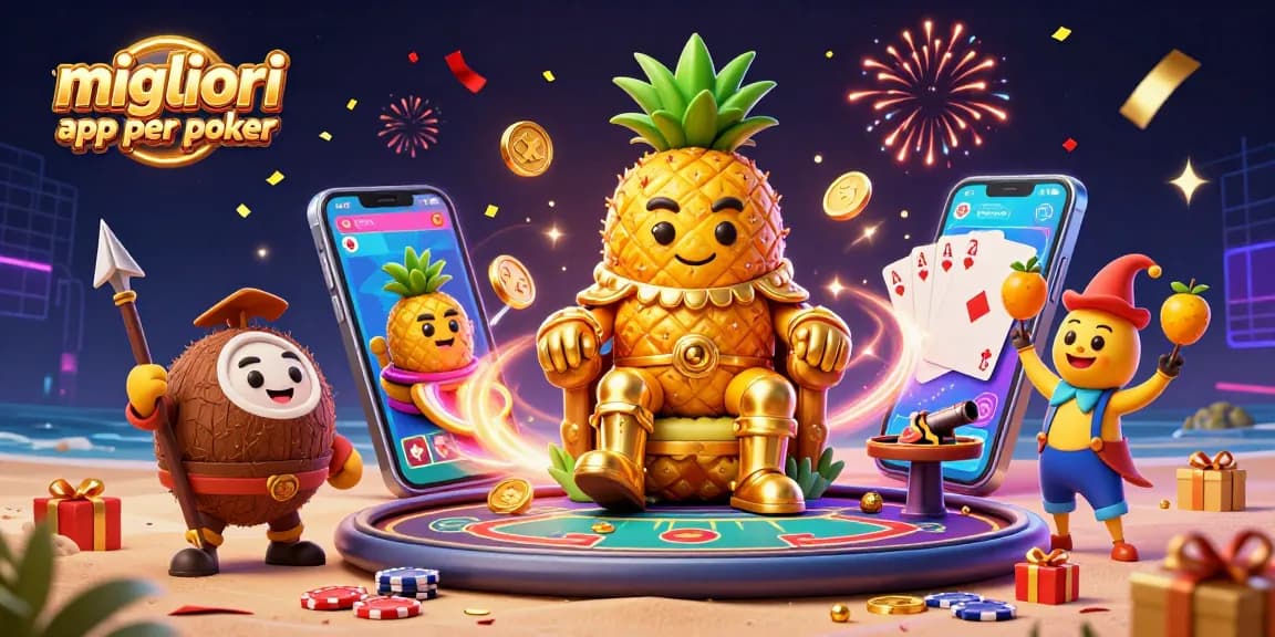 Migliori app per poker: scena di gioco con re ananas e giochi di carte su uno sfondo festivo