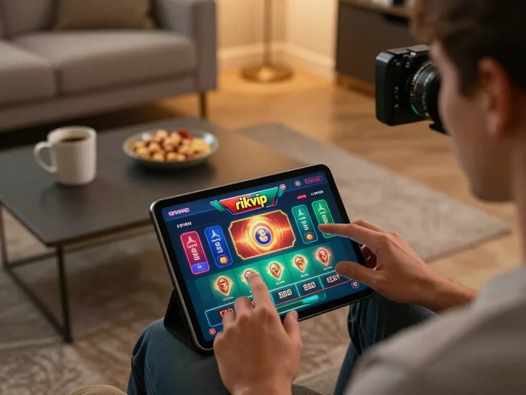 Player engaging with the rikvip casino app on a tablet, surrounded by a cozy home setting, emphasizing strategic gameplay.