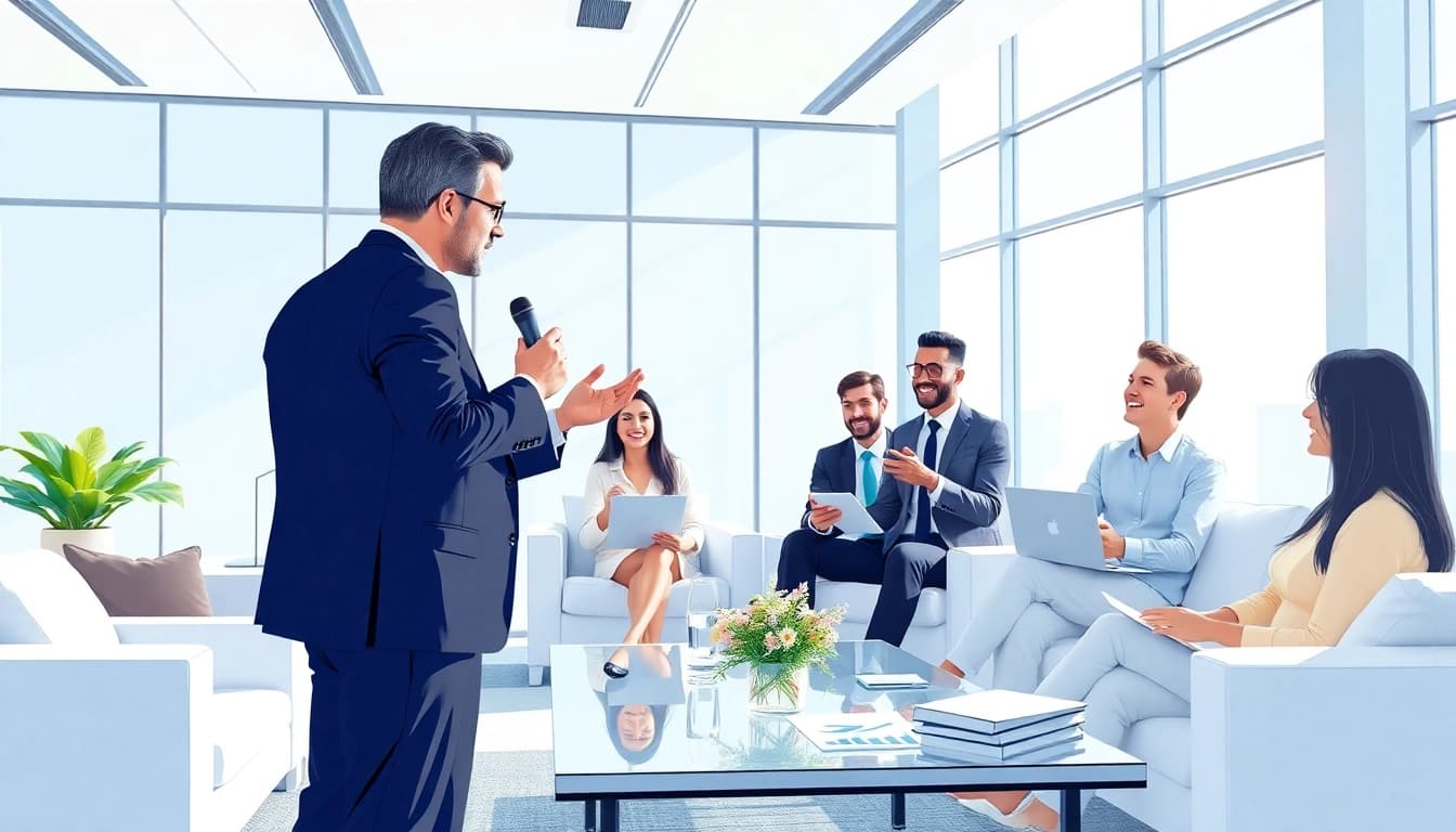 Explore founder leadership insights as a dynamic business leader interacts with a diverse team.
