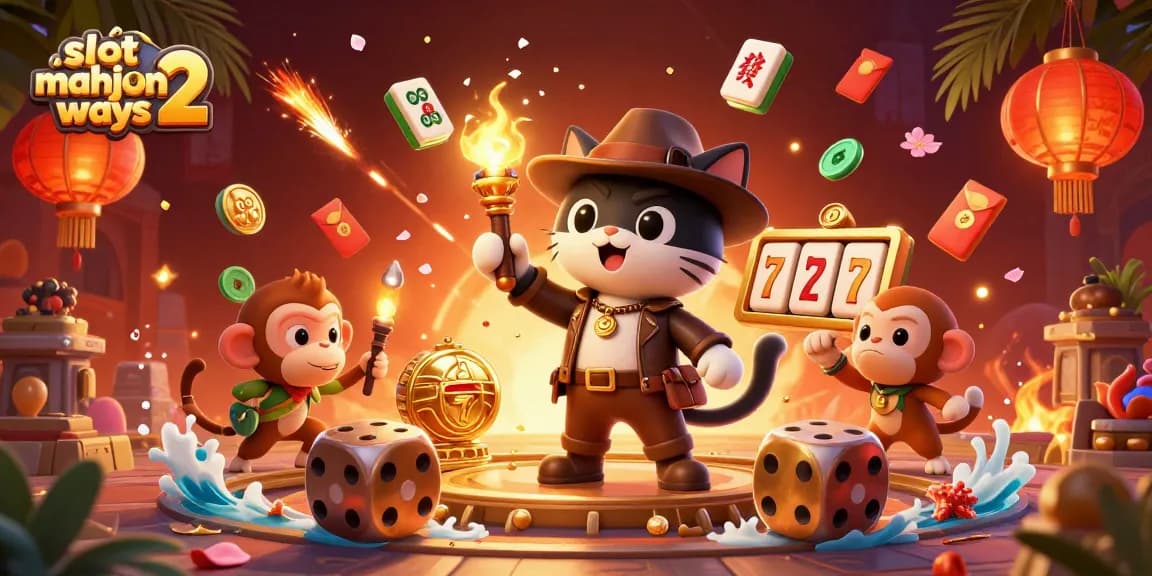 Engage with slot mahjong ways 2 as a cartoon explorer cat uncovers casino treasures amid vibrant symbols.