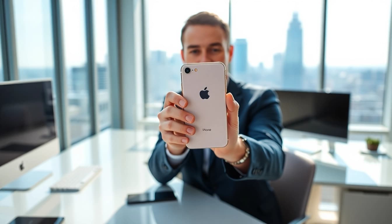 Sell iPhone for cash with a professional holding an iPhone in a bright office.