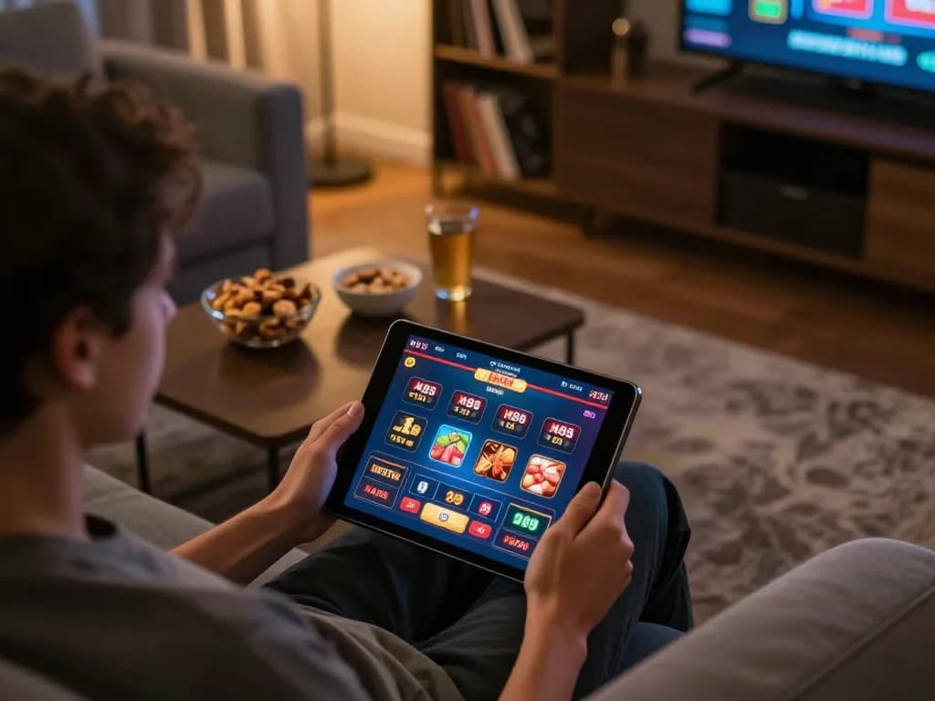 The user engages in online gaming at https://www.mnm88.com/, showcasing the casino interface on a tablet for a lively experience.