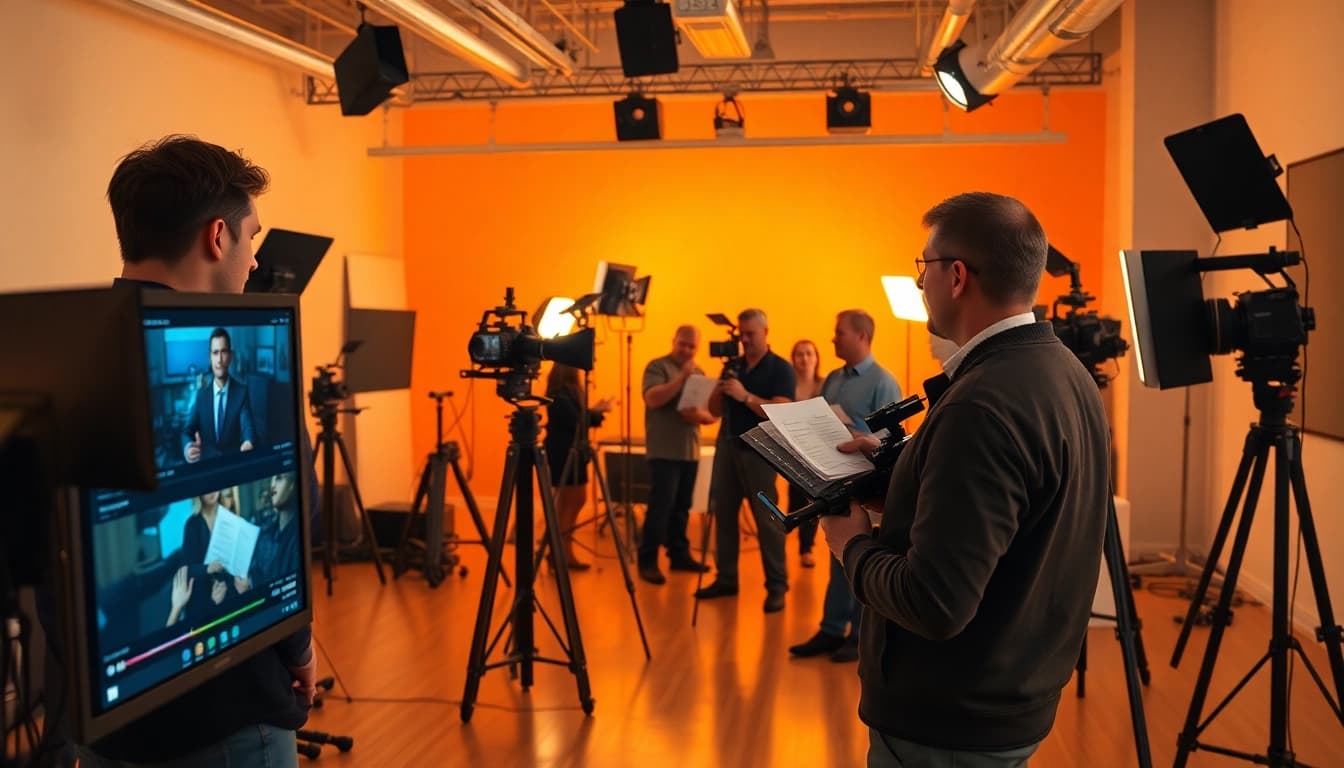 Videographers collaborating in a professional video production agency studio.