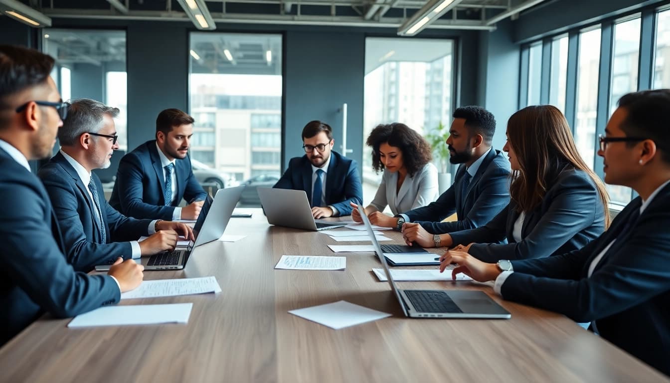 Engaging professionals discussing Federal and State contracts in a bright conference room.
