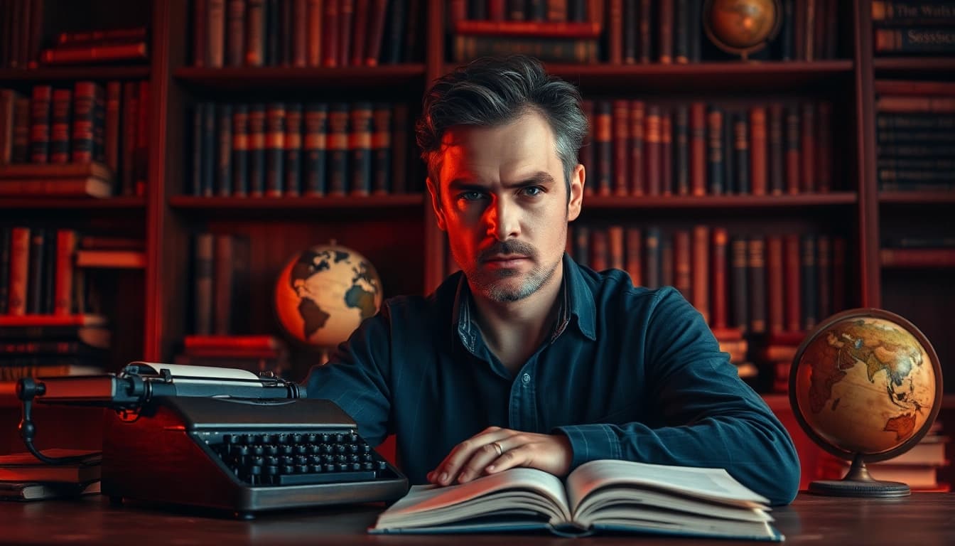 A captivating thriller author intensely writing at a desk, embodying creativity and mystery.