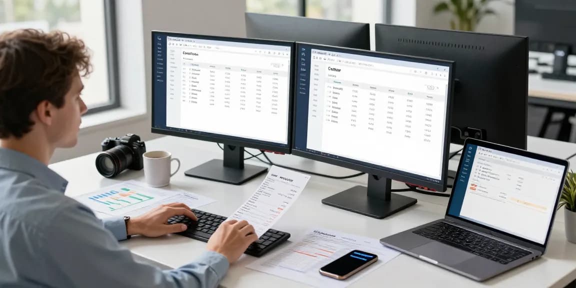 Data analyst detecting fake receipt using advanced AI technology at a modern office.