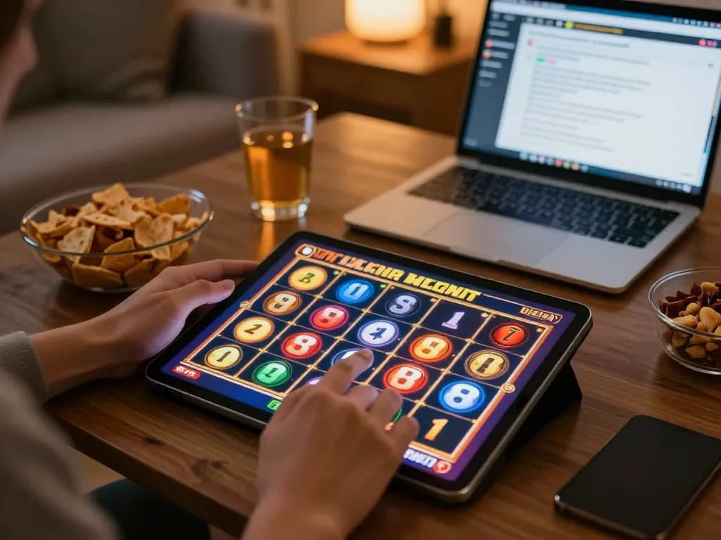 Engaging in thrilling online slot gameplay on a tablet, showcasing colorful reels and responsible gaming setup