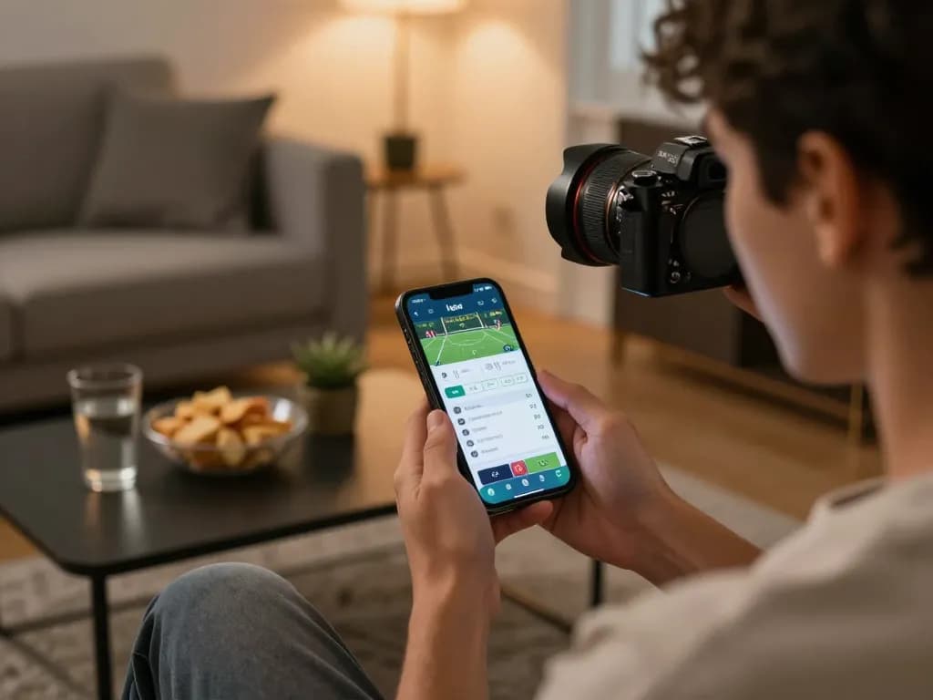 Person engaging with the kqbd app for live sports betting, immersed in a cozy home setup.