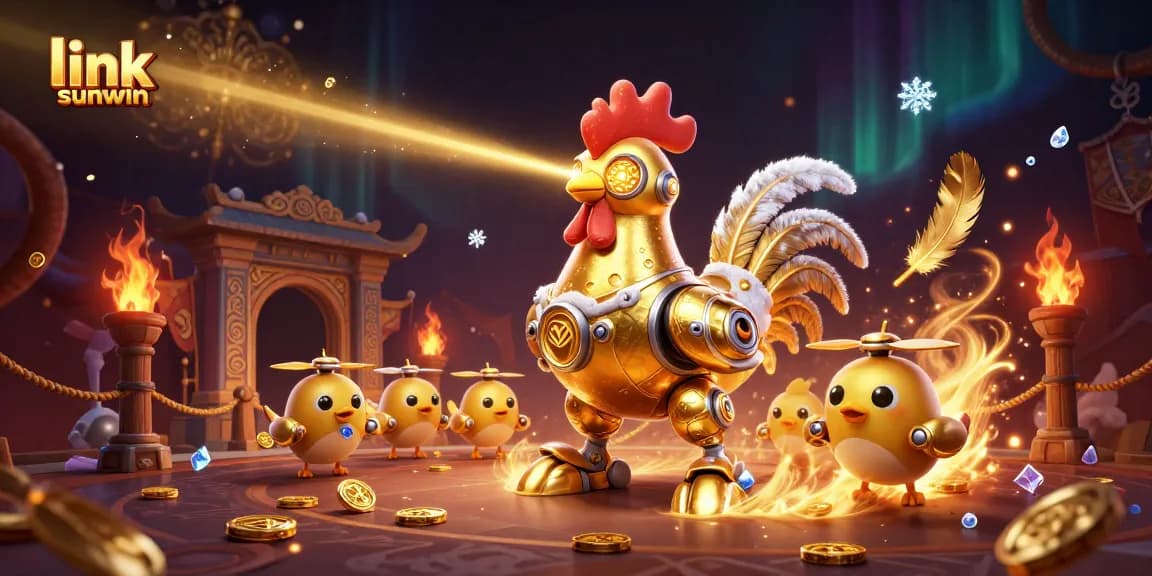 Engage with the winning action at link sunwin, featuring a golden robot in a dynamic 3D casino scene.
