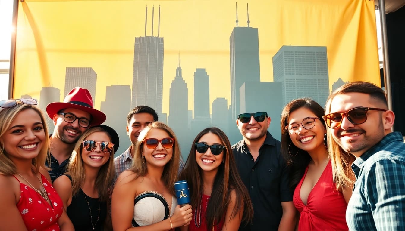 Guests enjoying a lively photo booth Chicago experience with fun props and vibrant backdrops.