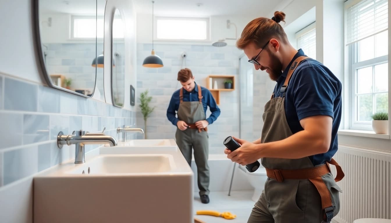Skilled bathroom fitters Manchester installing elegant fixtures in a modern space.