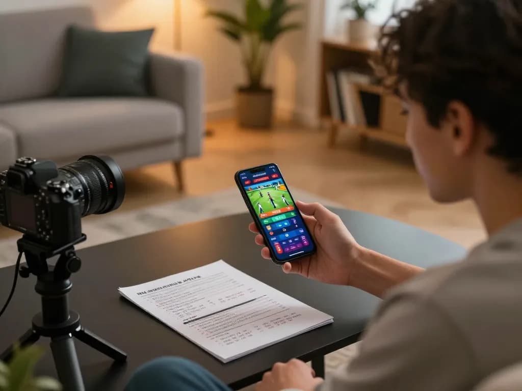 Engaging in mobile sports betting with top quality widgets on a smartphone in a cozy home setting.