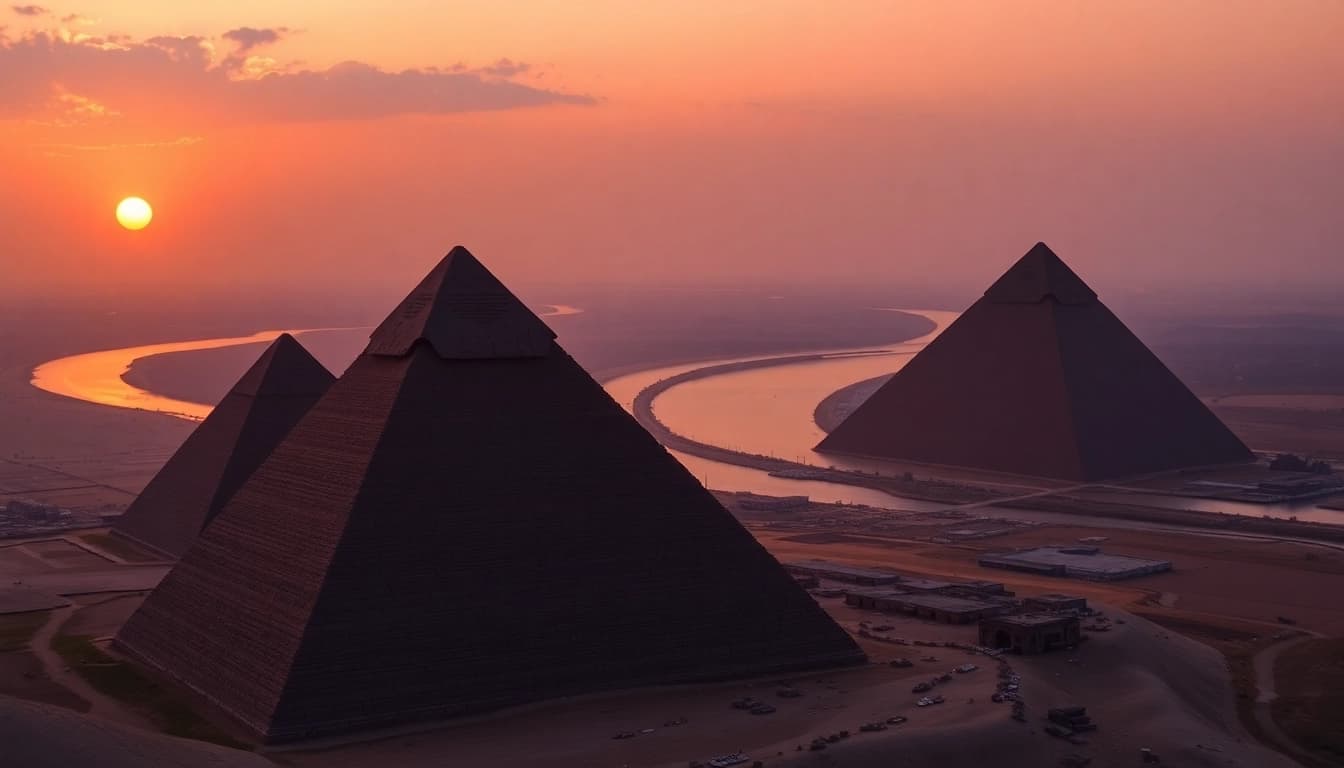 View showcasing the piraminds against a stunning sunset backdrop, emphasizing their grandeur.