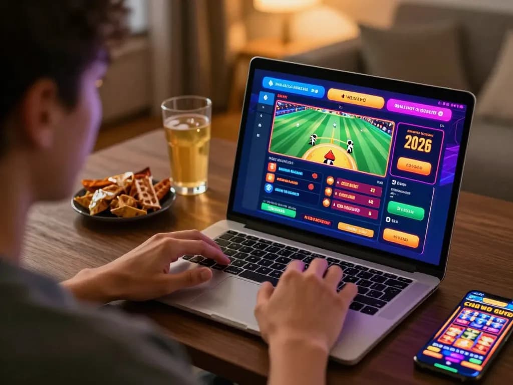 Pemain menjelajahi permainan slot dan taruhan olahraga di situs hoki77 menggunakan laptop dan smartphone