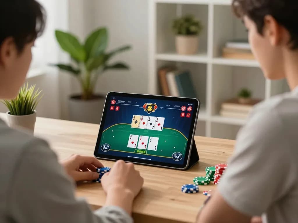 Engaging in strategic poker gameplay at home using tg88 casino app on tablet.