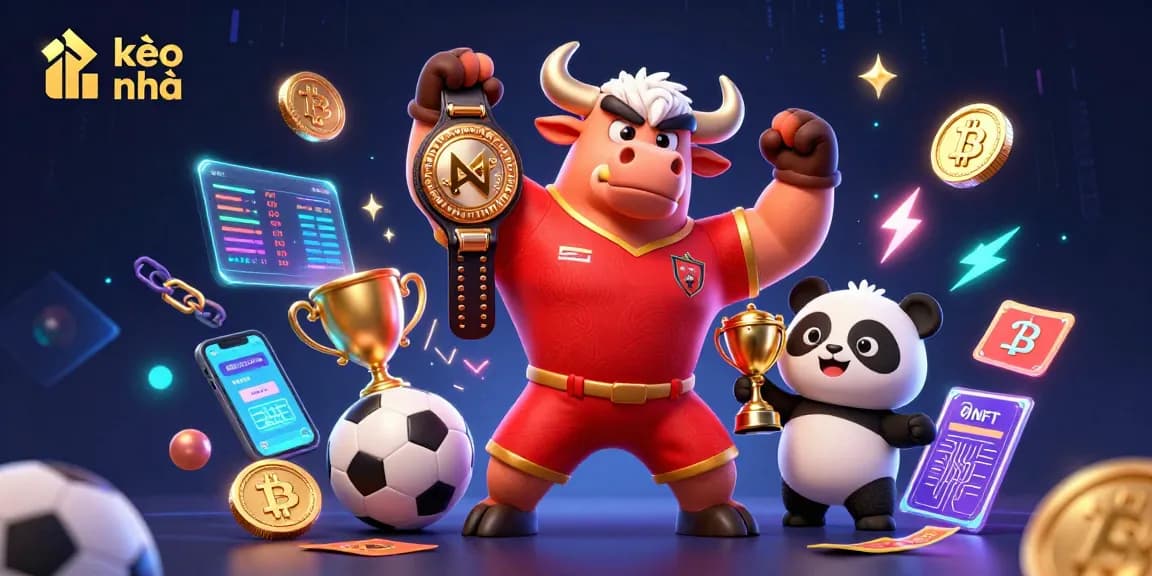 Bet on exciting kèo nhà cái opportunities featuring lively cartoon characters and cryptocurrency elements.