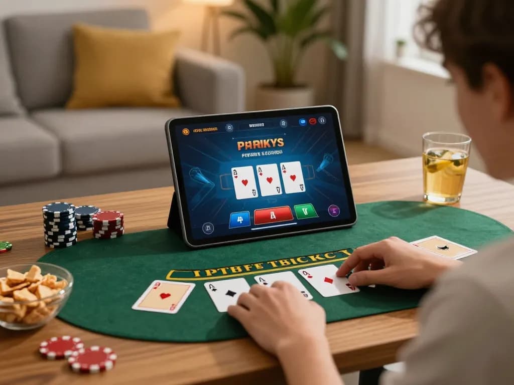 Engaging in live dealer blackjack at home with rik vip on tablet in modern living room.