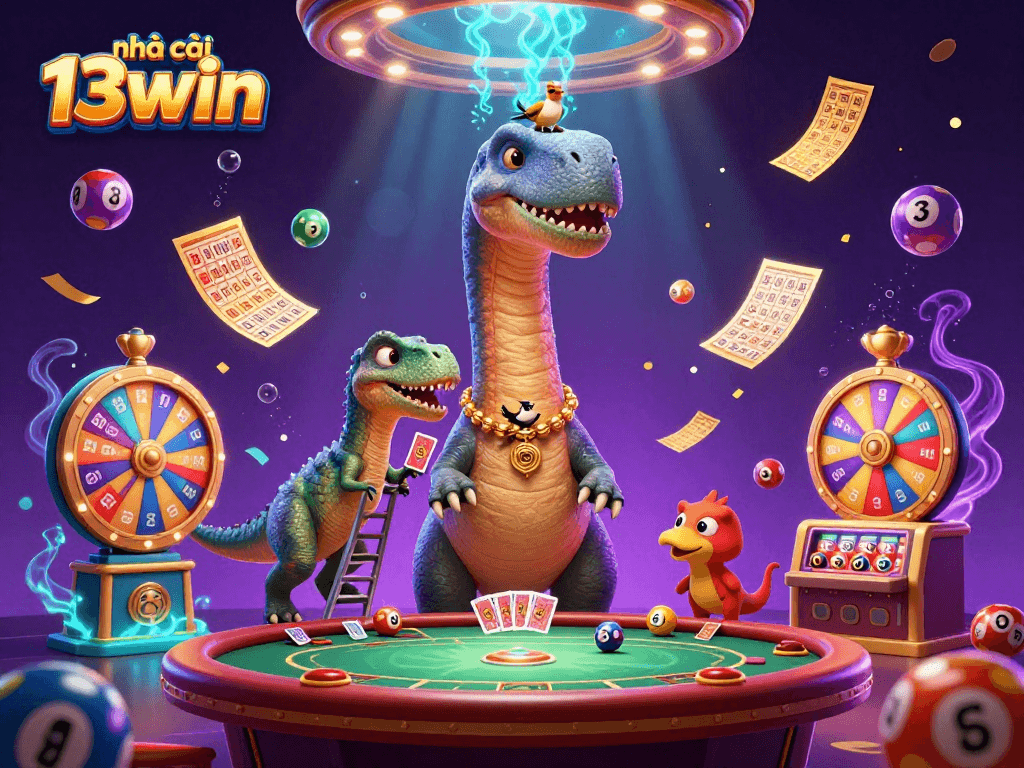 Experience the thrill with nhà cái 13win as a brontosaurus looks down at a fun gaming scene.