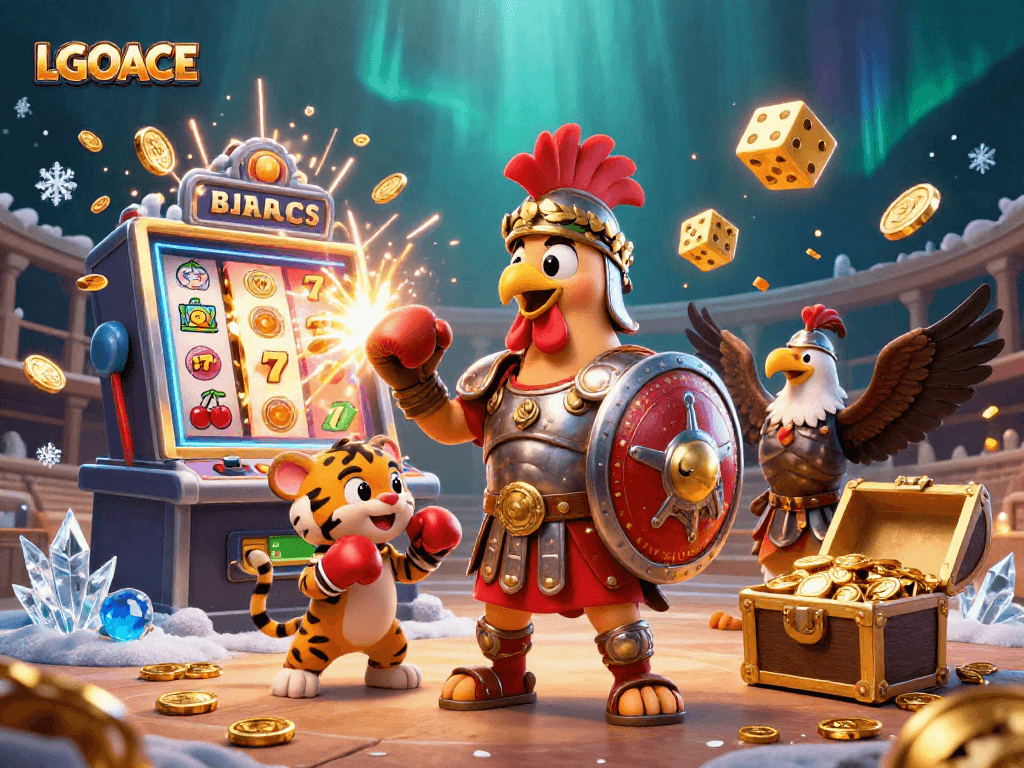 LGOACE showcases a vibrant 3D illustration of a gladiator rooster, an eagle, and a tiger cub amid a dynamic casino atmosphere.